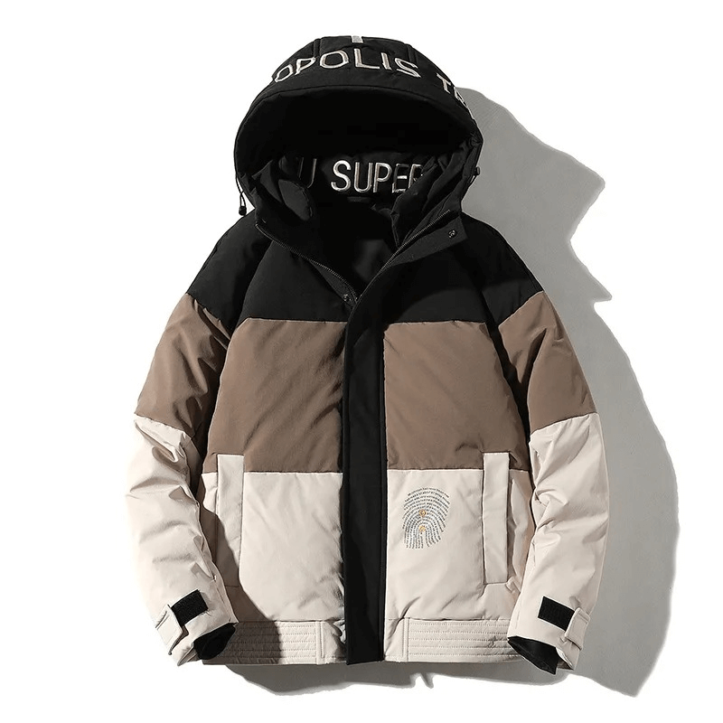 Stylish Men's Down Jacket SF1901 with hood and stand collar, featuring thermal 90% duck-down filling for winter insulation.
